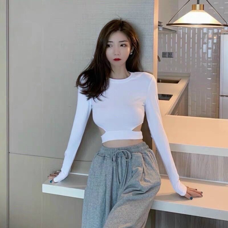 Áo Kiểu Nữ Khoét Eo Croptop Tay Dài Cá Tính
