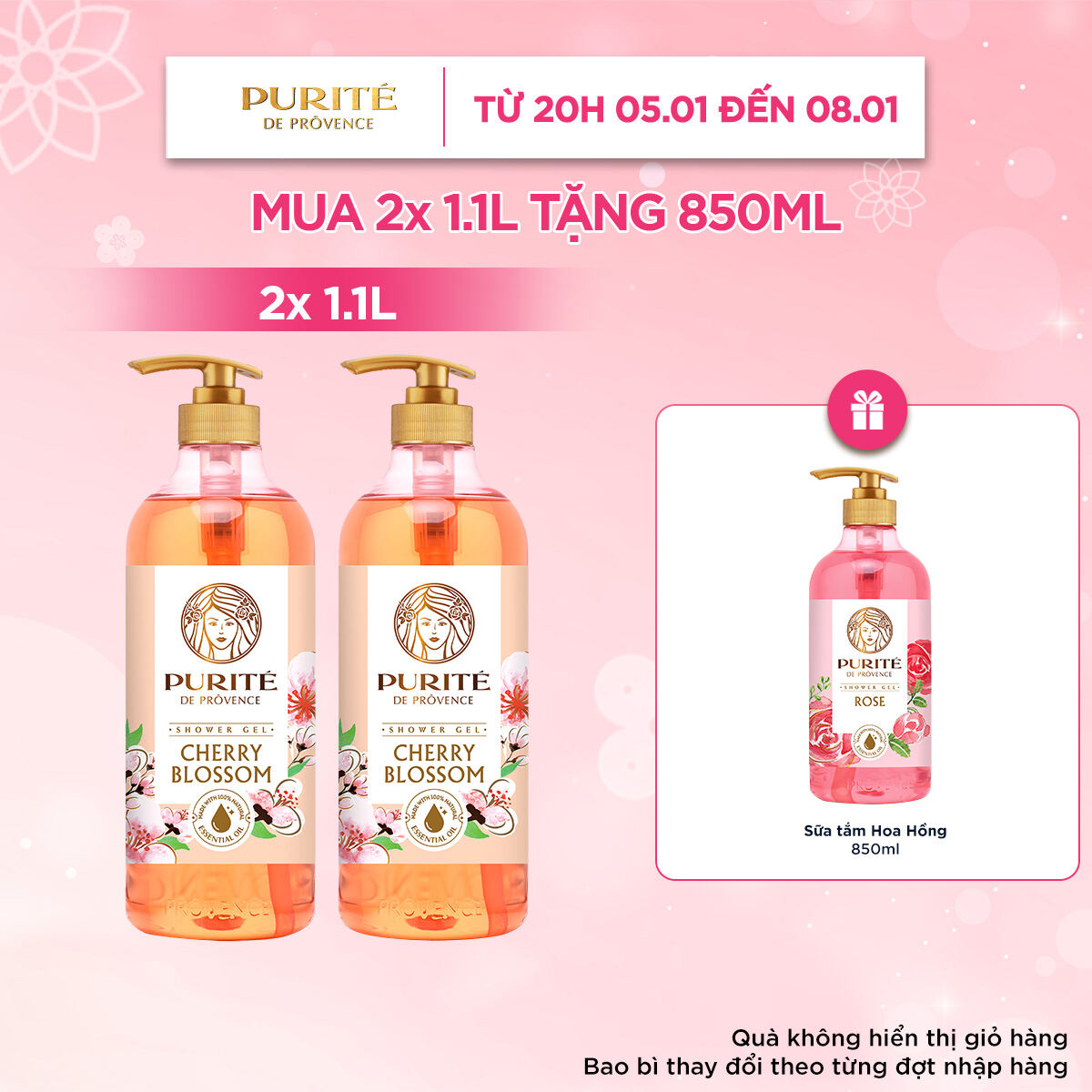 Combo Sữa Tắm Purite Hoa Anh Đào 1.1Lx2 + Tặng Sữa Tắm Purite Hoa Hồng 850ML