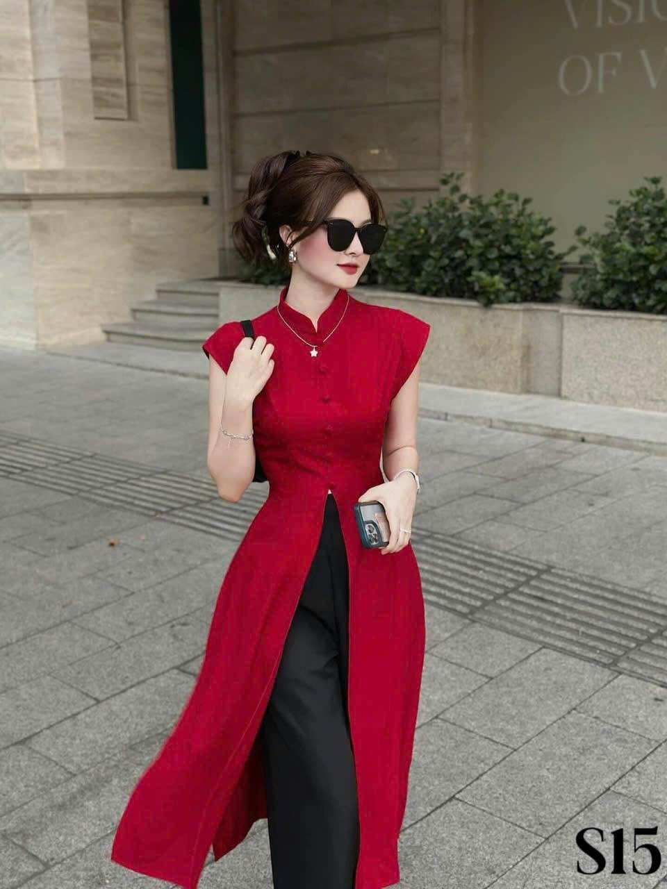 (SHOP BIGSIZE NỮ 50KG ĐẾN 90KG) set áo dài cách tân xẻ tà tứ thân nút bọc
