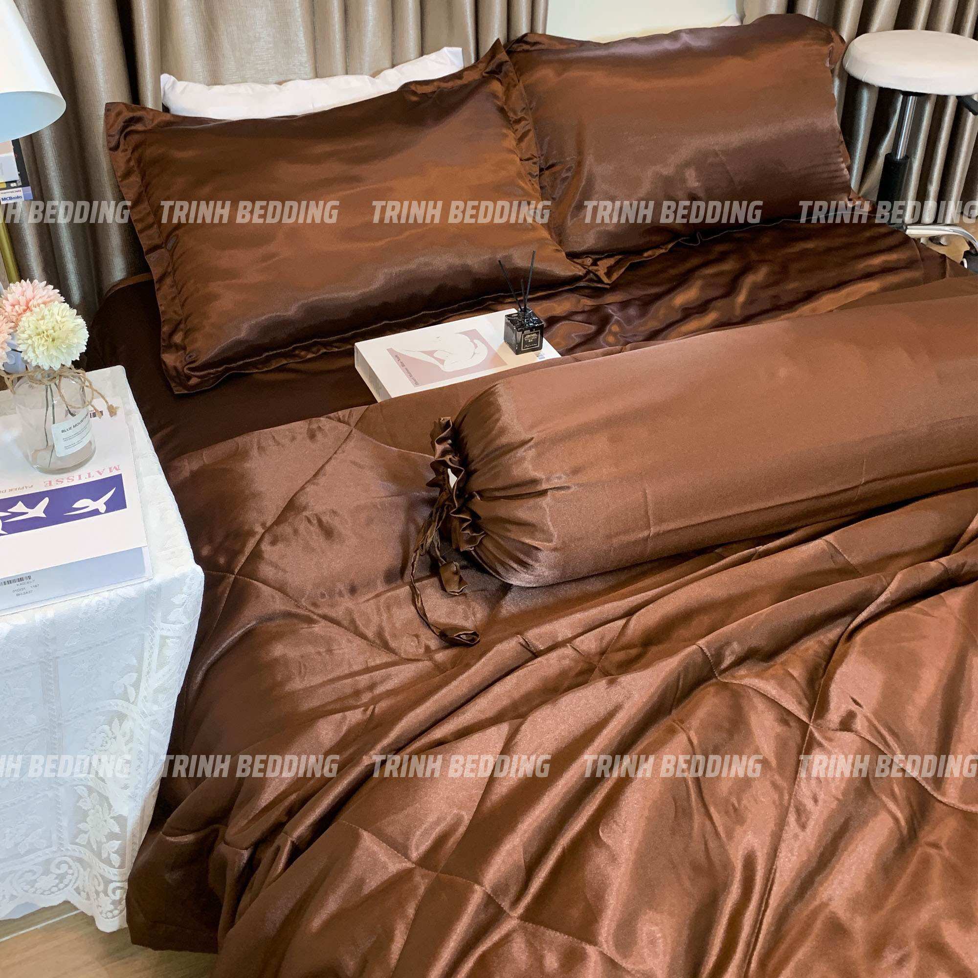 Bộ Ga giường Phi lụa lạnh mịn mát Trinhbedding nệm cao 20-30cm ( 1 ga 2 vỏ nằm 1 vỏ ôm)