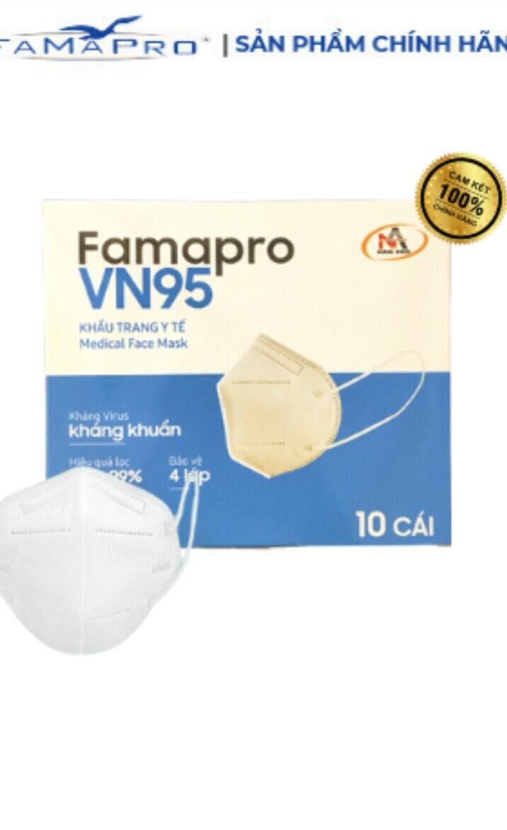 [Khẩu trang y tế Famapro VN95, Màu trắng] Hộp 10 cái 4 lớp kháng khuẩn