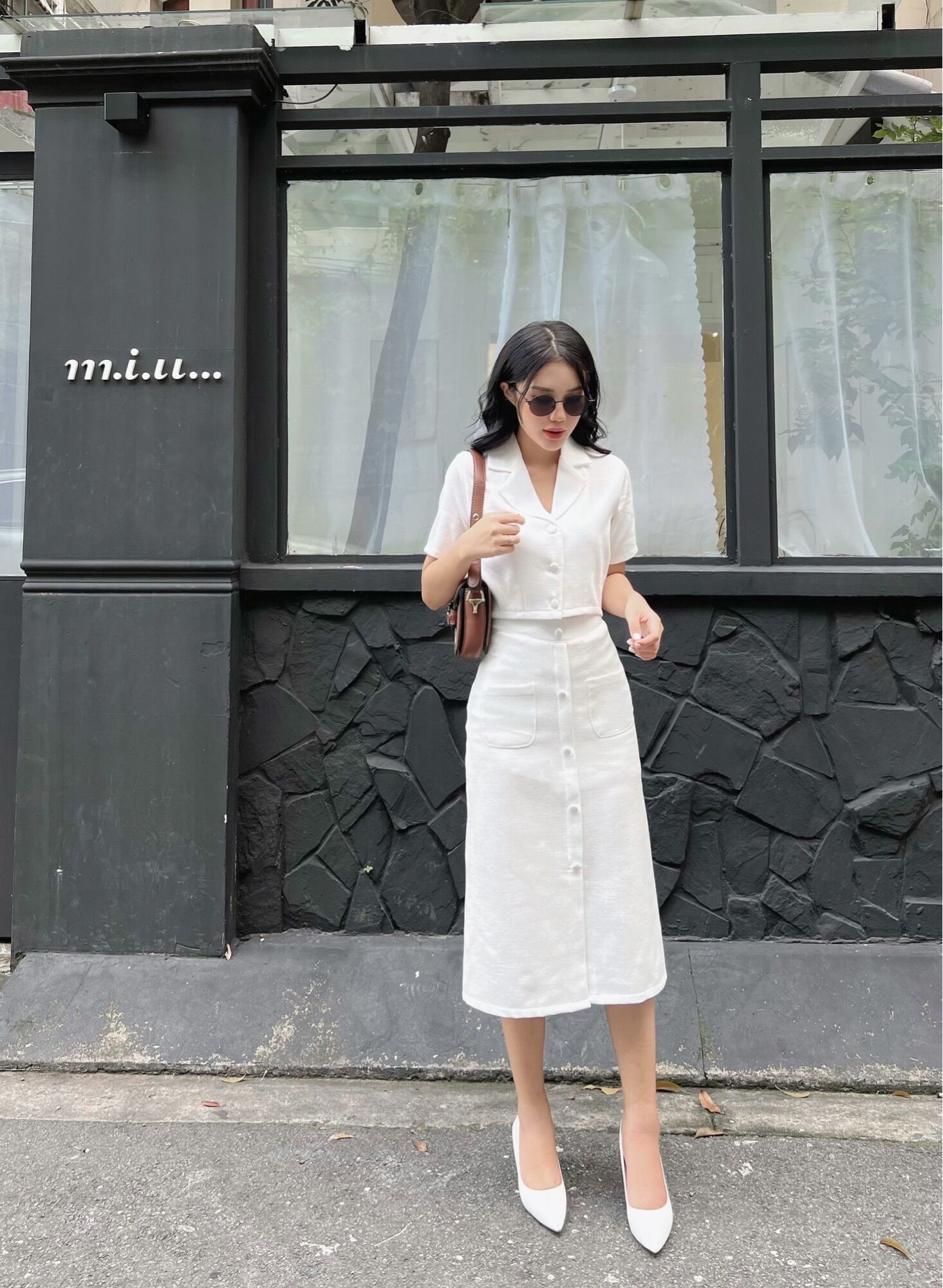 Set Vest Chân Váy Dài Nút Bọc