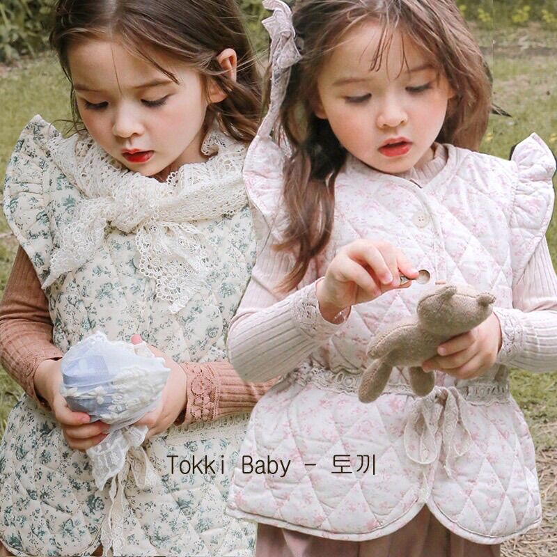 Áo phao gile chần bông hoa nhí vintage cho bé gái