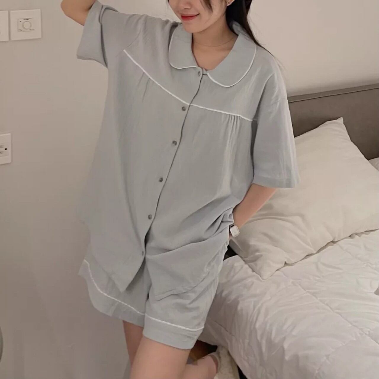 Sét bộ đùi Pyjama xốp cổ sen