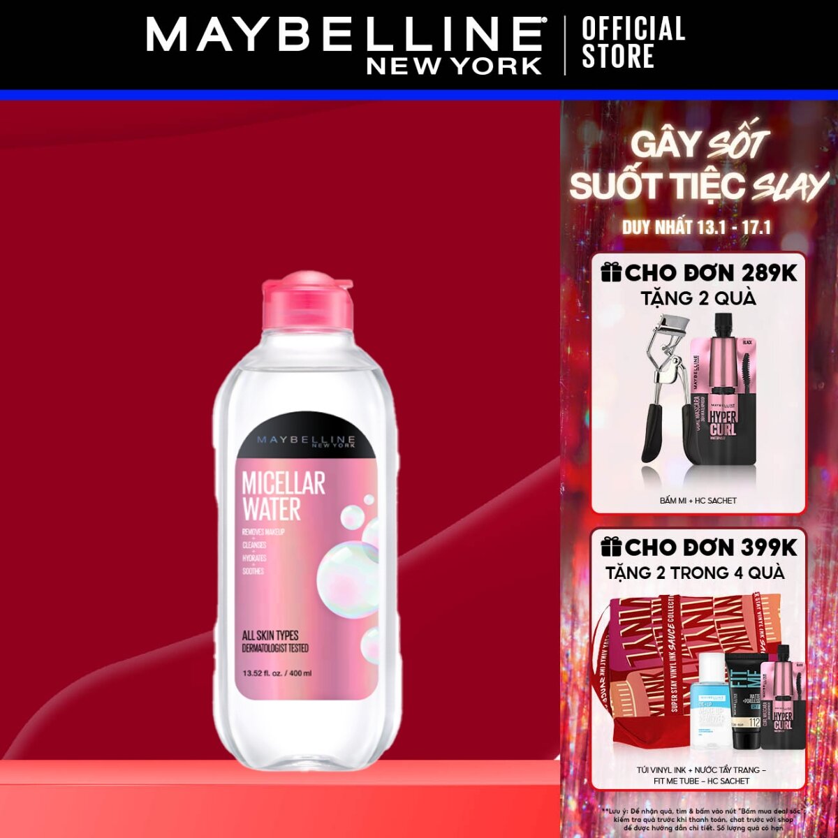 Nước Tẩy Trang Micellar Dưỡng Da Không Cồn 4 Trong 1 Maybelline New York Micellar Water 4-in-1 400ml