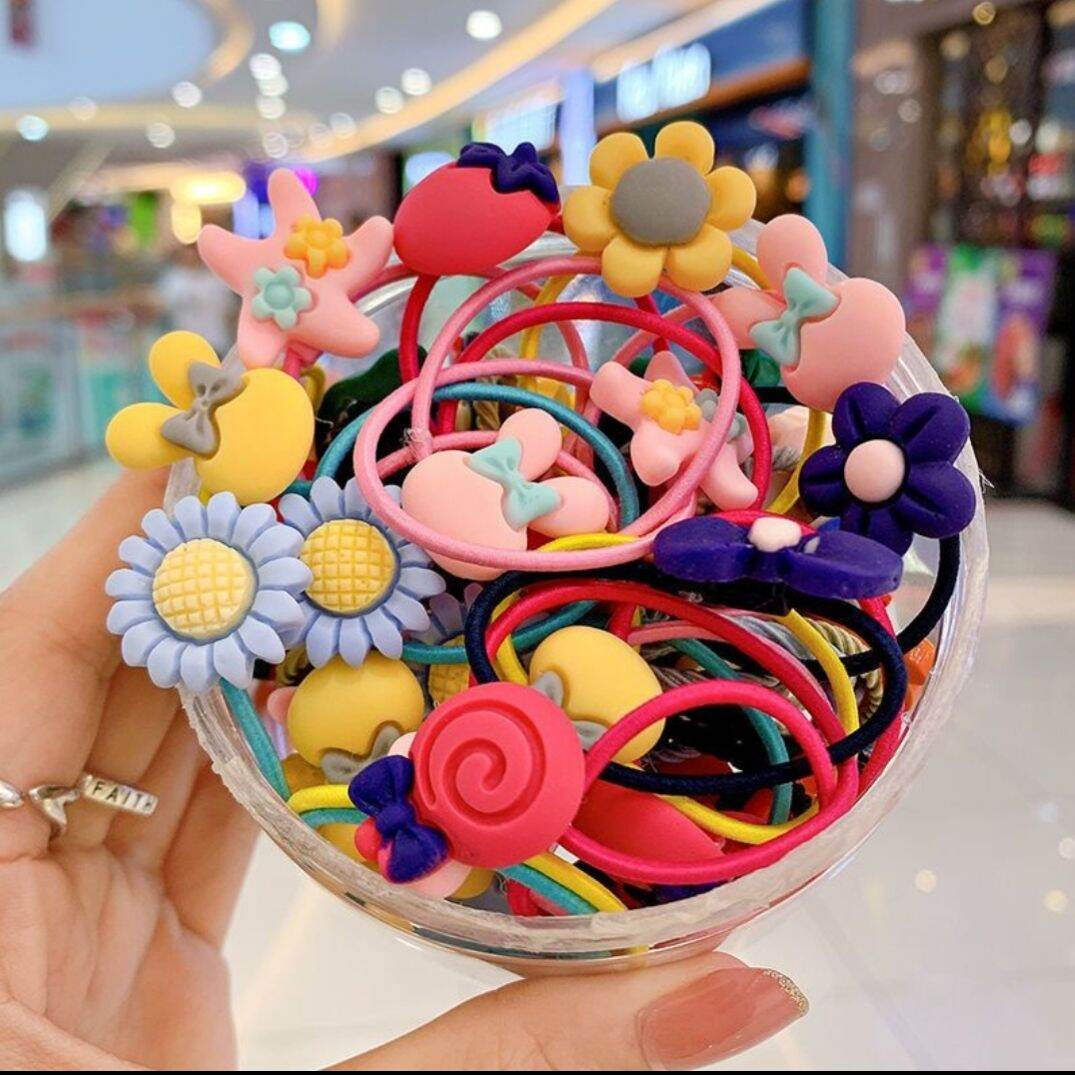 Hộp 100 Dây cột tóc nhiều hình, màu sắc siêu cute, dây mềm mại co giãn tốt cho bé