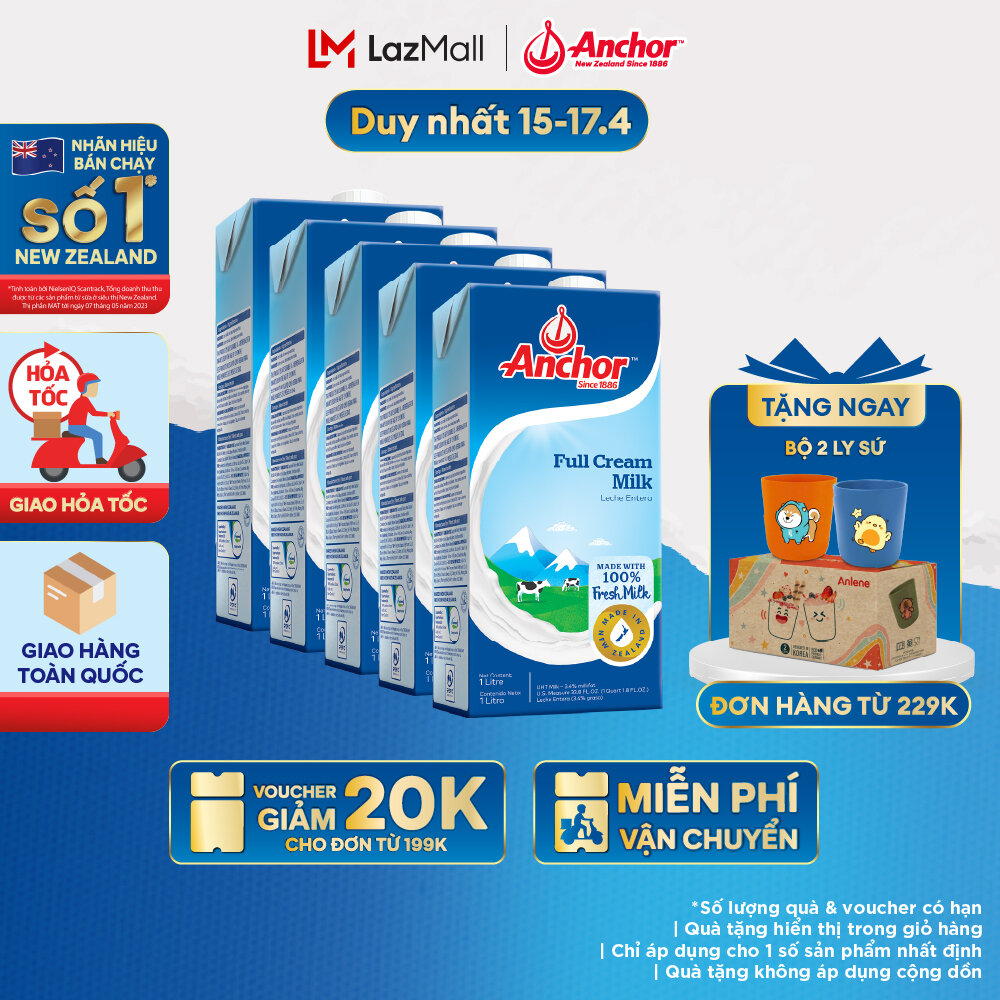 [GIAO HÀNG HỎA TỐC - HCM] Combo 5 Sữa Tươi Tiệt Trùng Anchor Nguyên Kem Hộp 1 Lít