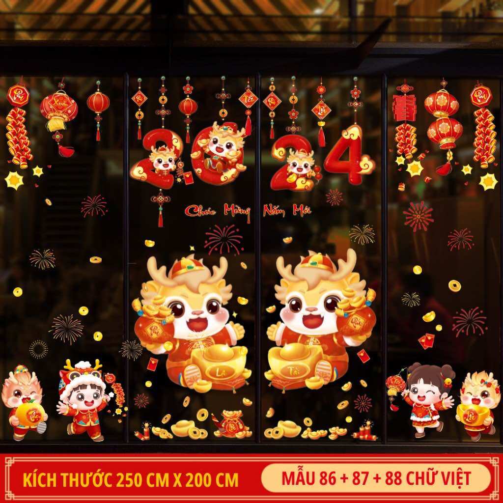 Decal tết 2024 dán kính, dán tường trang trí tết GIÁP THÌN [ nhiều mẫu]