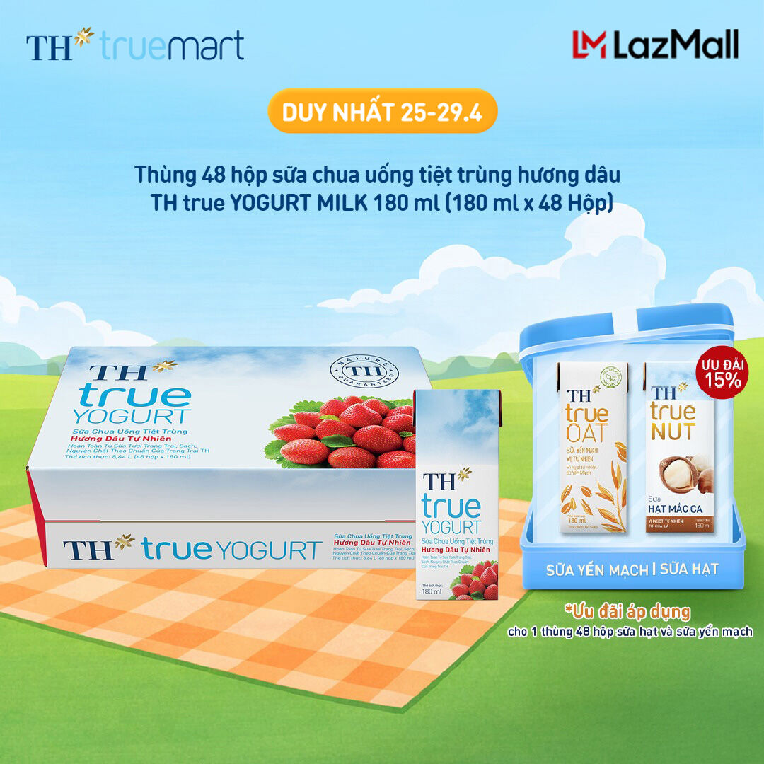 Thùng 48 hộp sữa chua uống tiệt trùng TH true YOGURT hương dâu tự nhiên 180 ml (180 ml x48)