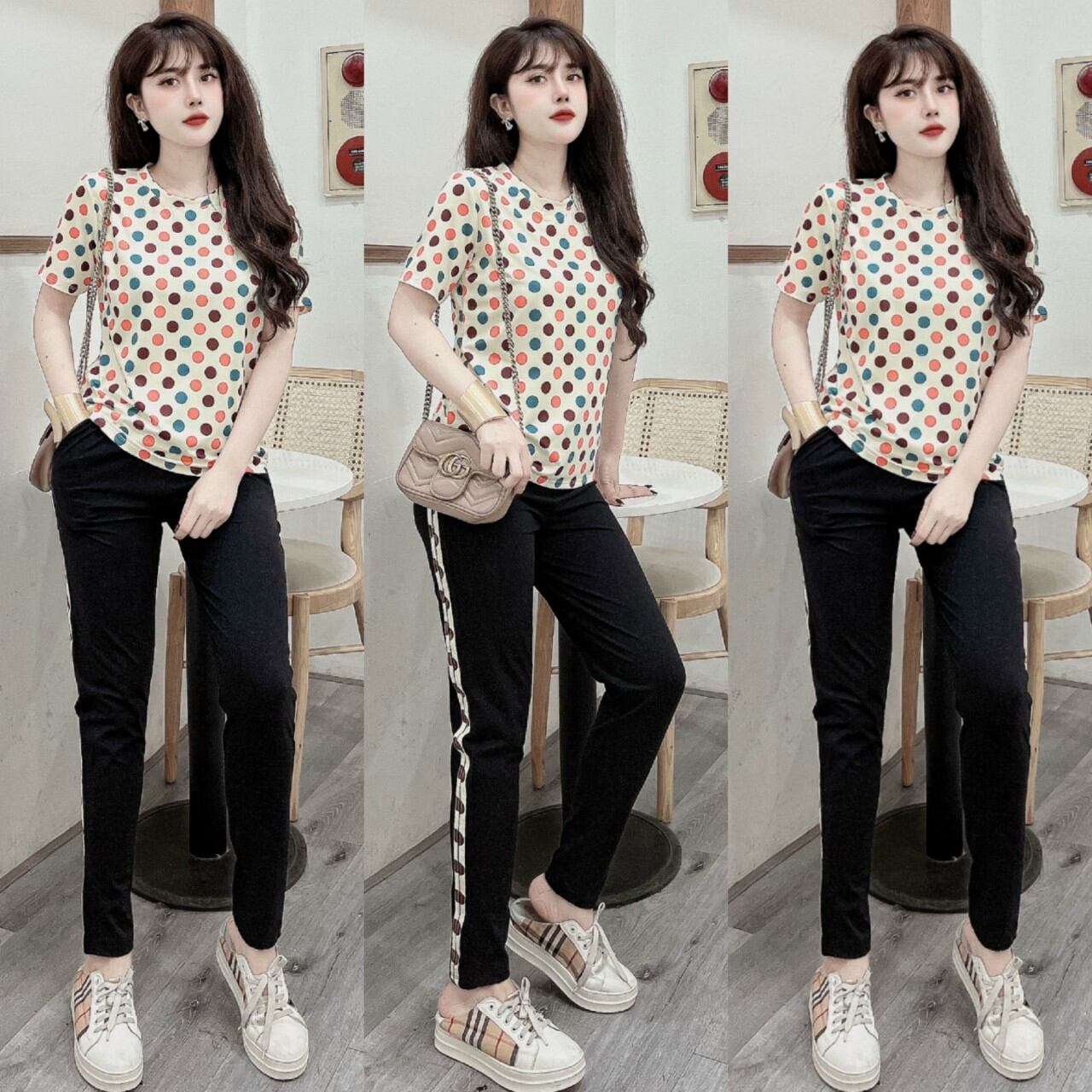 Sét đồ bộ nữ họa tiết chấm bi màu thời trang cao cấp