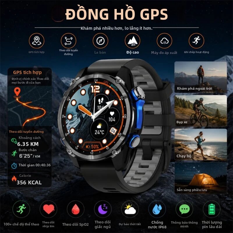 Lenovo | Đồng Hồ Thông Minh Nam HD350 Pro AMOLED GPS, Bộ Nhớ 4GB, Thể Thao Ngoài Trời, Tích Hợp Áp Kế, Độ Cao Kế, La Bàn, Đèn Pin, Chống Nước