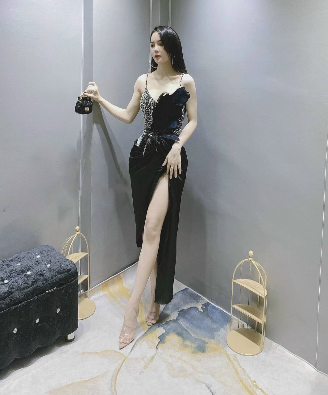 ✨ Đầm body xẻ đùi phối lông✨ HÌNH THẬT