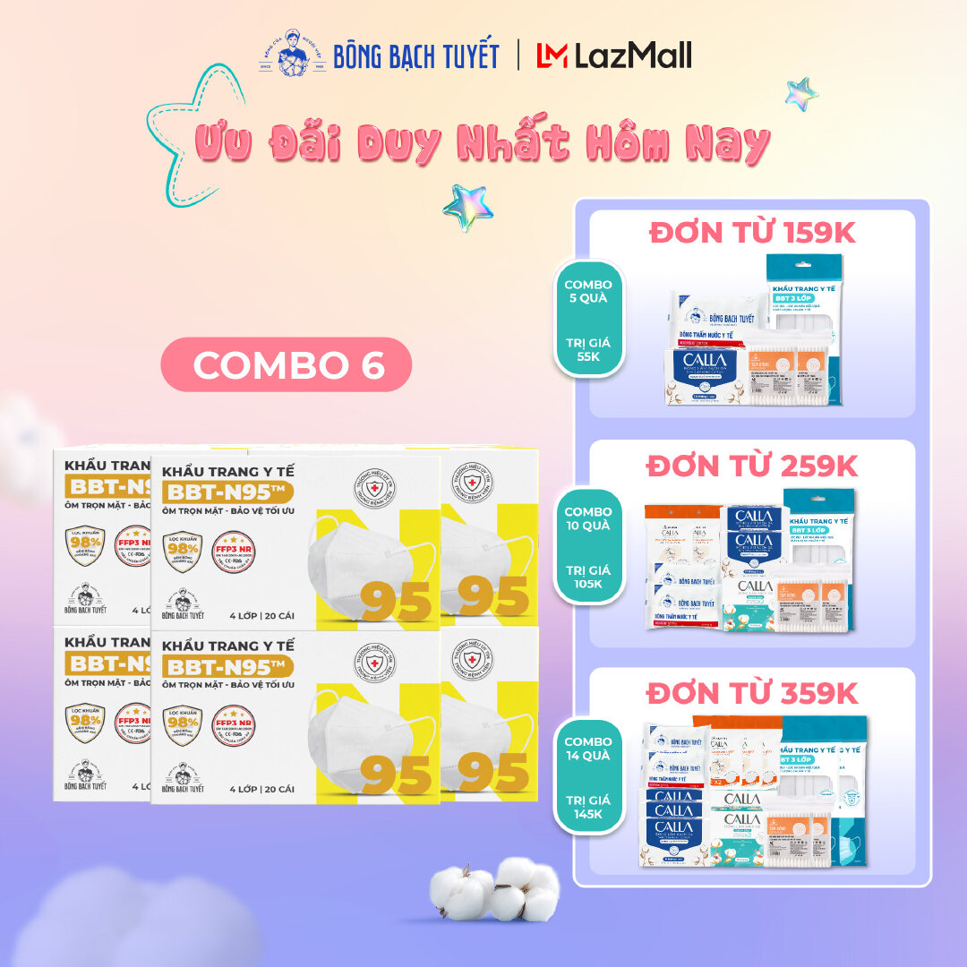 Combo 6 Hộp Khẩu Trang Bông Bạch Tuyết N95 - Trắng (20 cái/hộp)
