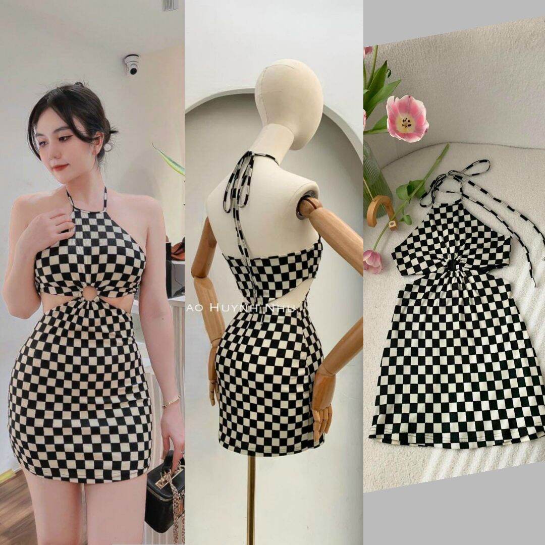 Đầm yếm hở eo ôm body ô vuông