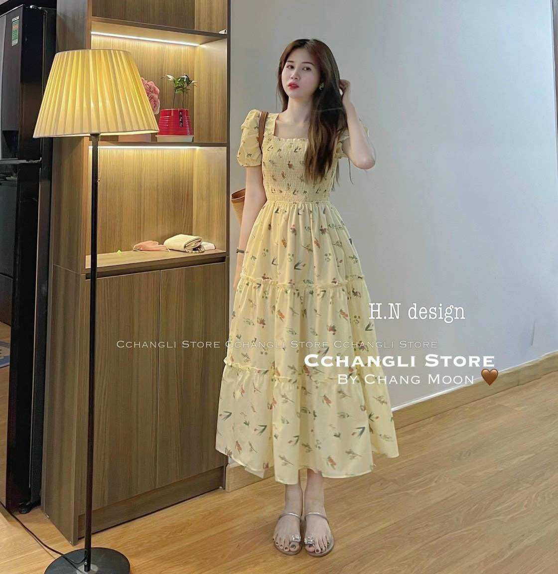 ĐẦM XINH HOA NHÚN CỔ VUÔNG BG