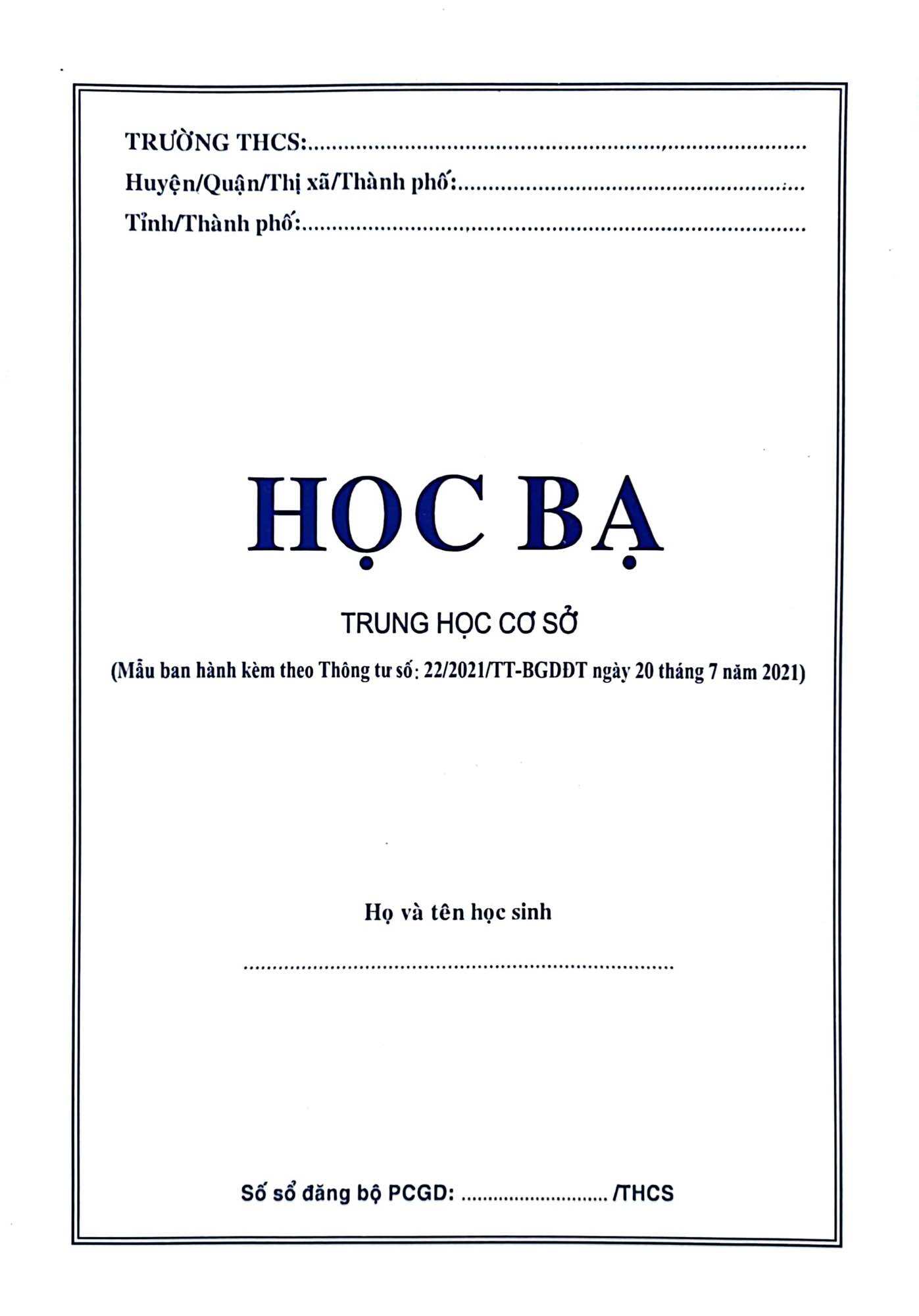 Học bạ trung học cơ sở mẫu mới