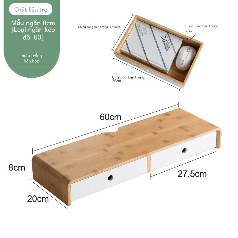 Tre màn hình máy tính nâng ngăn kéo để bàn hộp bảo quản cho laptop và máy tính để bàn tre đỡ tăng chiều cao kệ