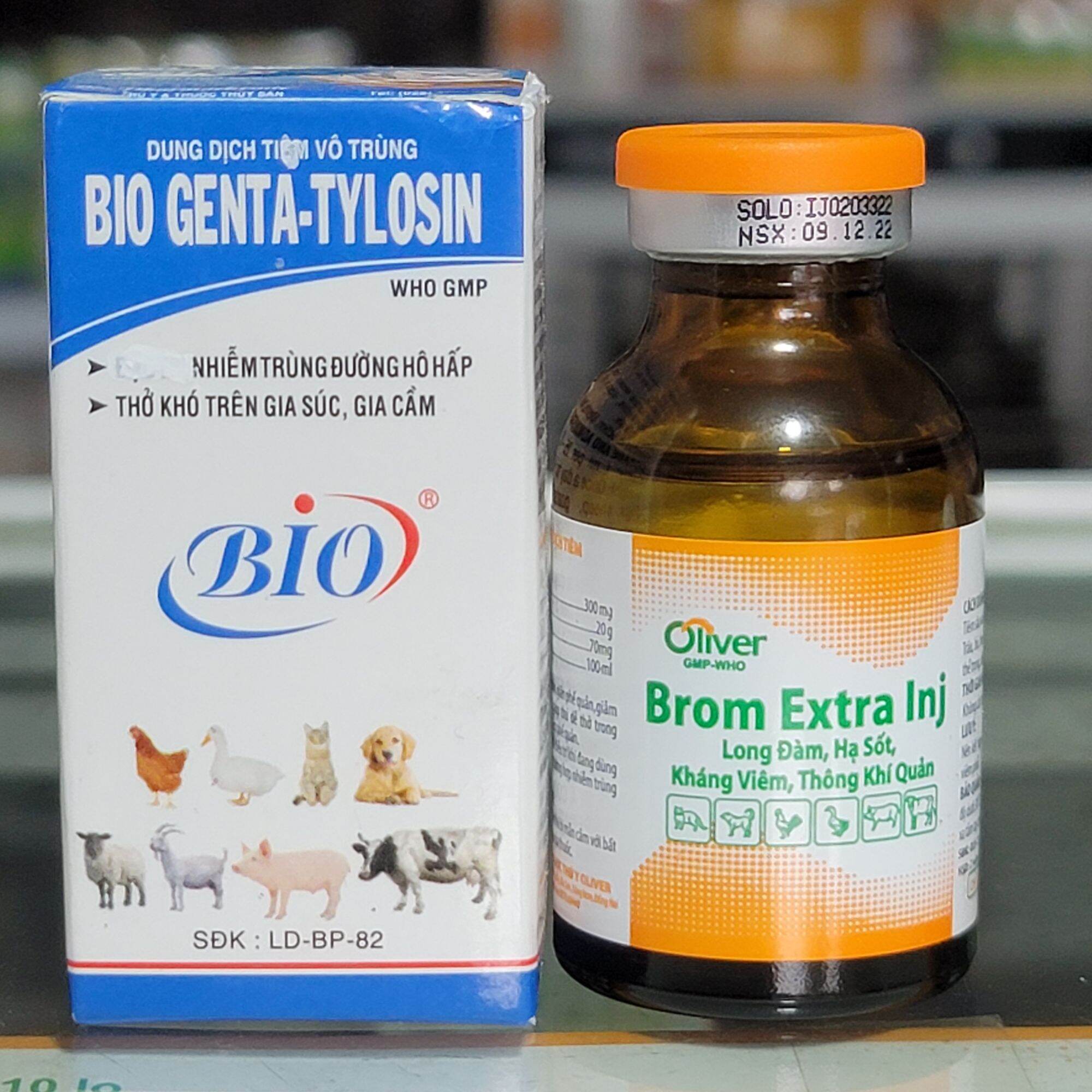 Combo 2 chai Bio genta tylosin và Brom extra inj chuyên hô hấp, hen khẹc, vảy mỏ, sưng mắt, khò khè 