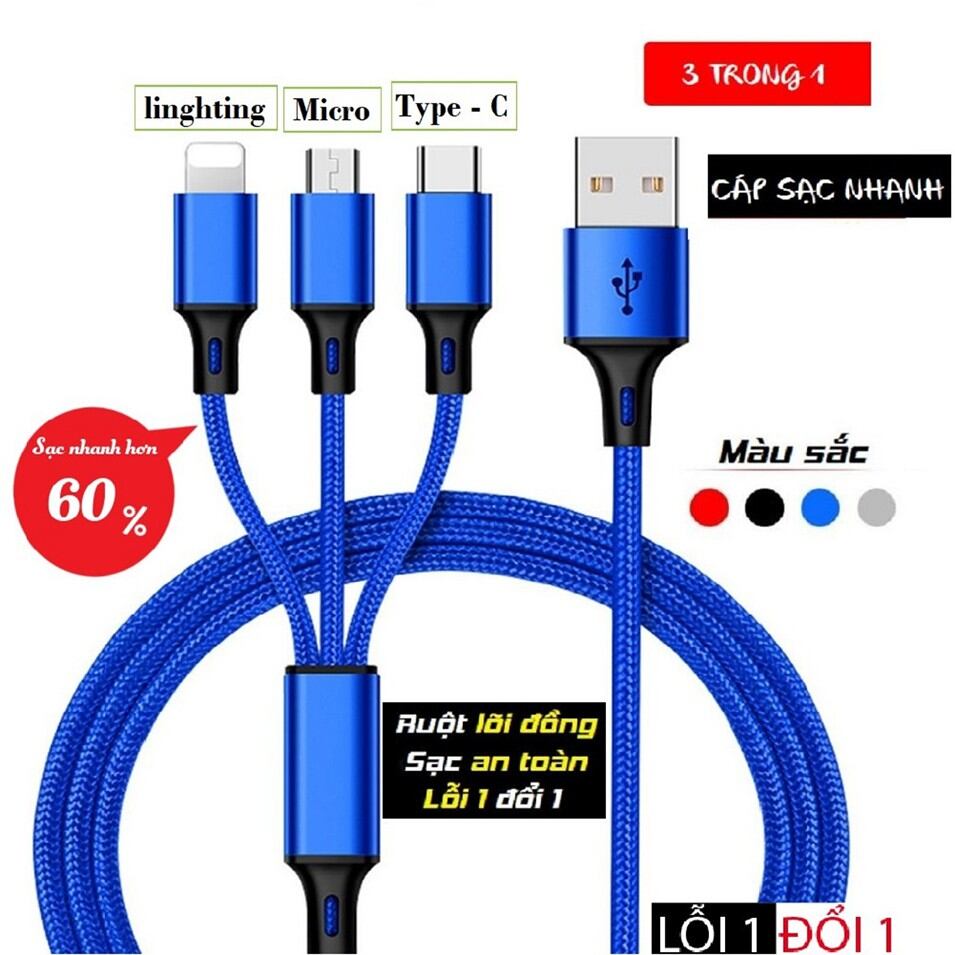 Cáp Sạc 3 Đầu Micro USB,TyPe C... Siêu Bền Siêu Tiện Lợi.