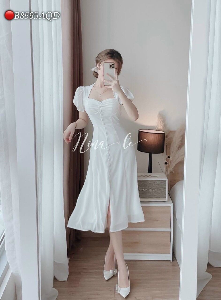 Đầm dáng dài trắng phối nút xinh đẹp BG