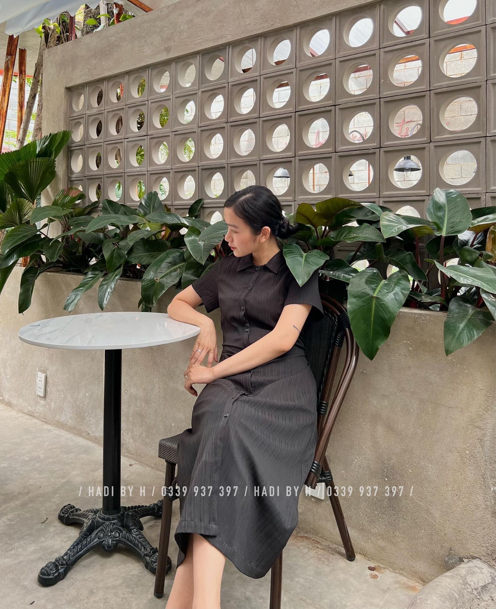 Đầm cổ sơ mi dáng middi dây thắt eo - Khiết