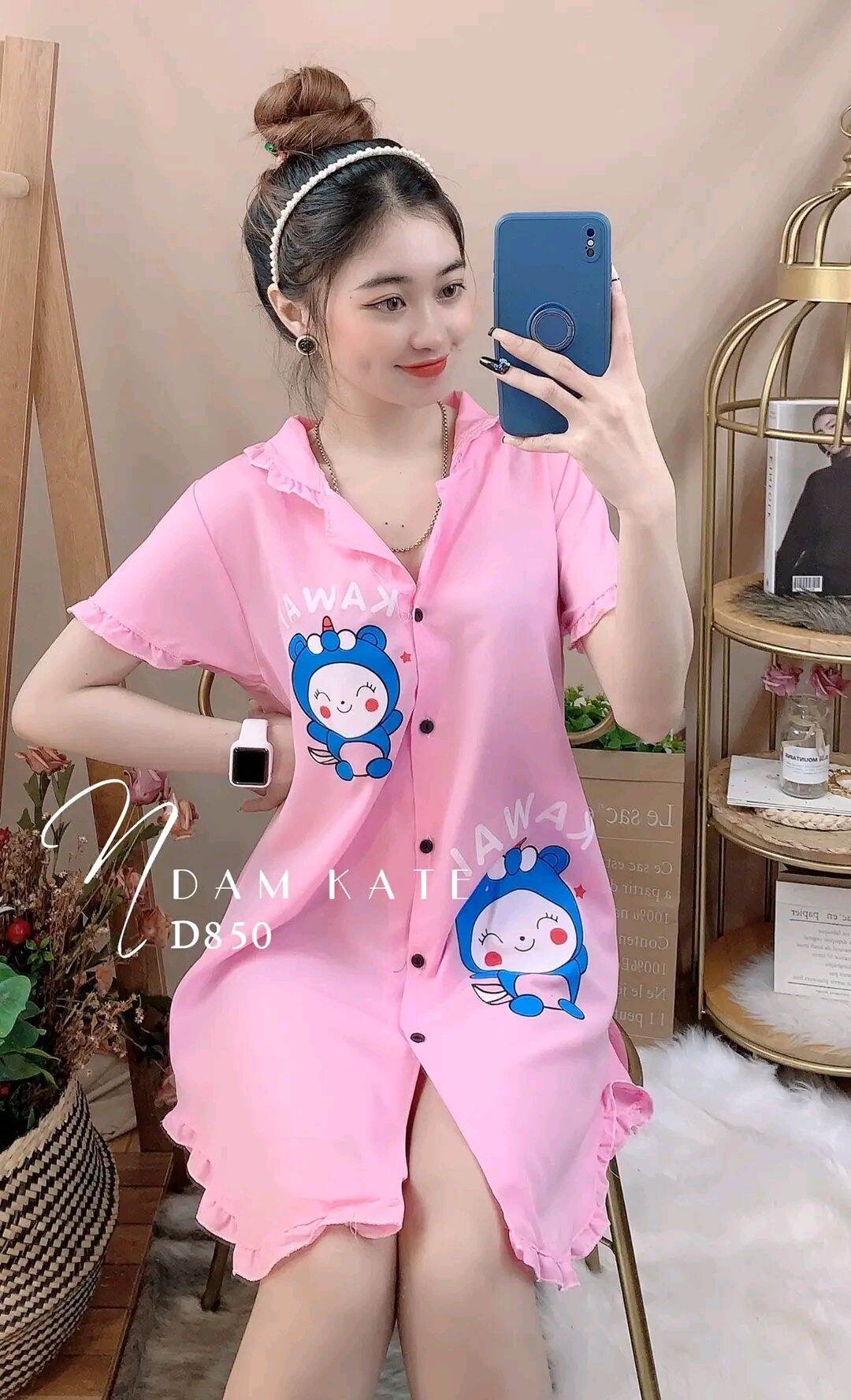 Đầm ngủ sơmi ngắn chất lụa hàn mặc nhà cho nữ - Áo dấu quần dài mặc nhà - M43