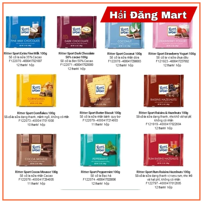 Socola Ritter Sport Colofull thanh hạt 100gr (đủ vị)