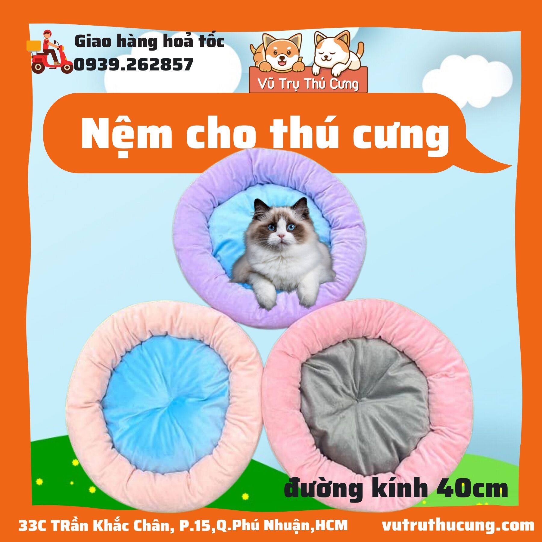 Nệm ngủ chó mèo giá rẻ, đệm thú cưng giá rẻ đường kính 40cm