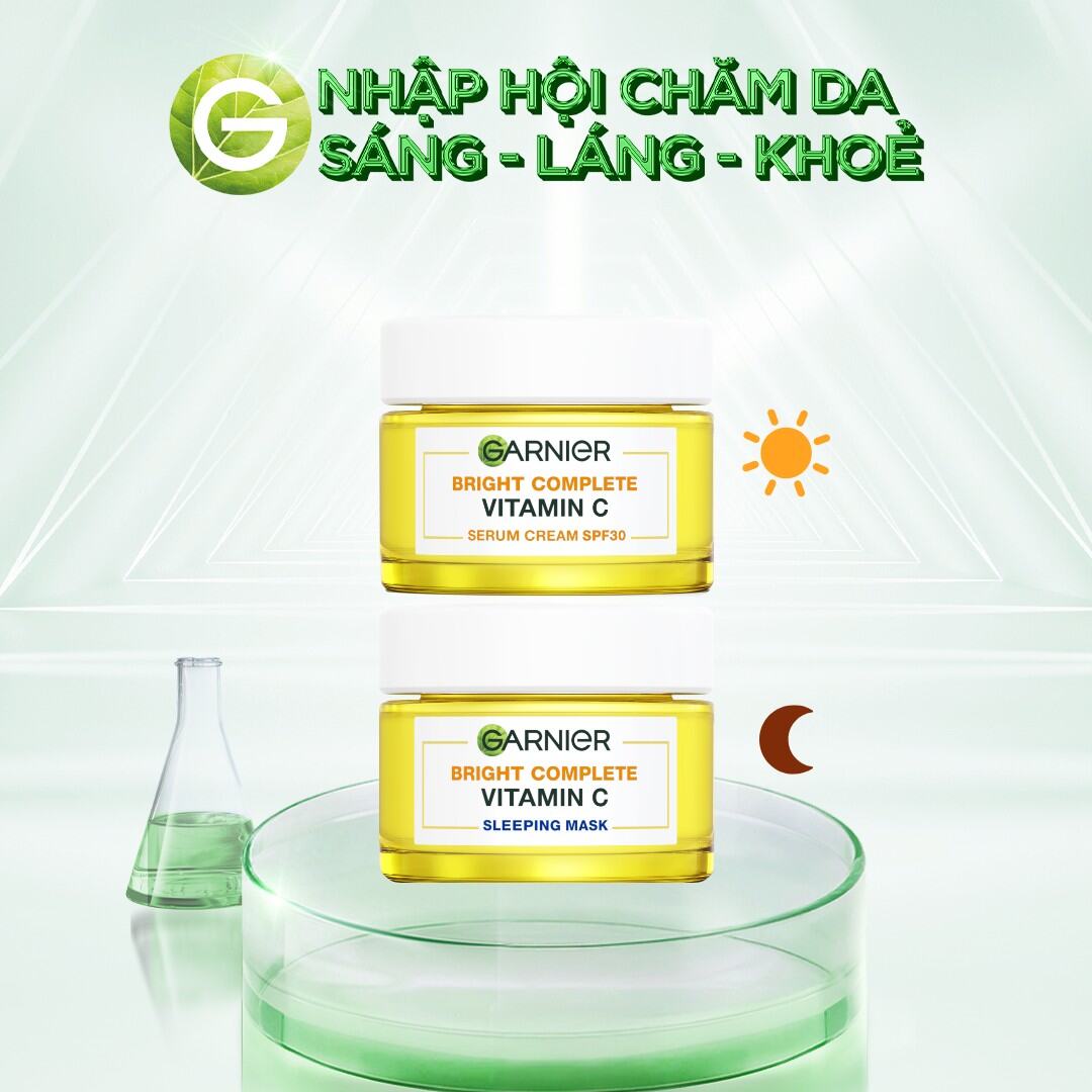 Bộ kem dưỡng & mặt nạ ngủ chiết xuất men vi sinh sữa chua đậu nành sáng da, giảm thâm mụn - Garnier Bright Complete 50ml [Kitting]