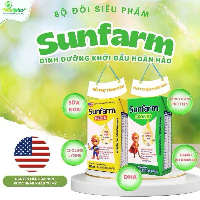 Sữa bột pha sẵn Sunfarm Pedia hỗ trợ tăng cân, Sunfarm Grow IQ phát triễn chiều cao 110ml thùng 12 lốc