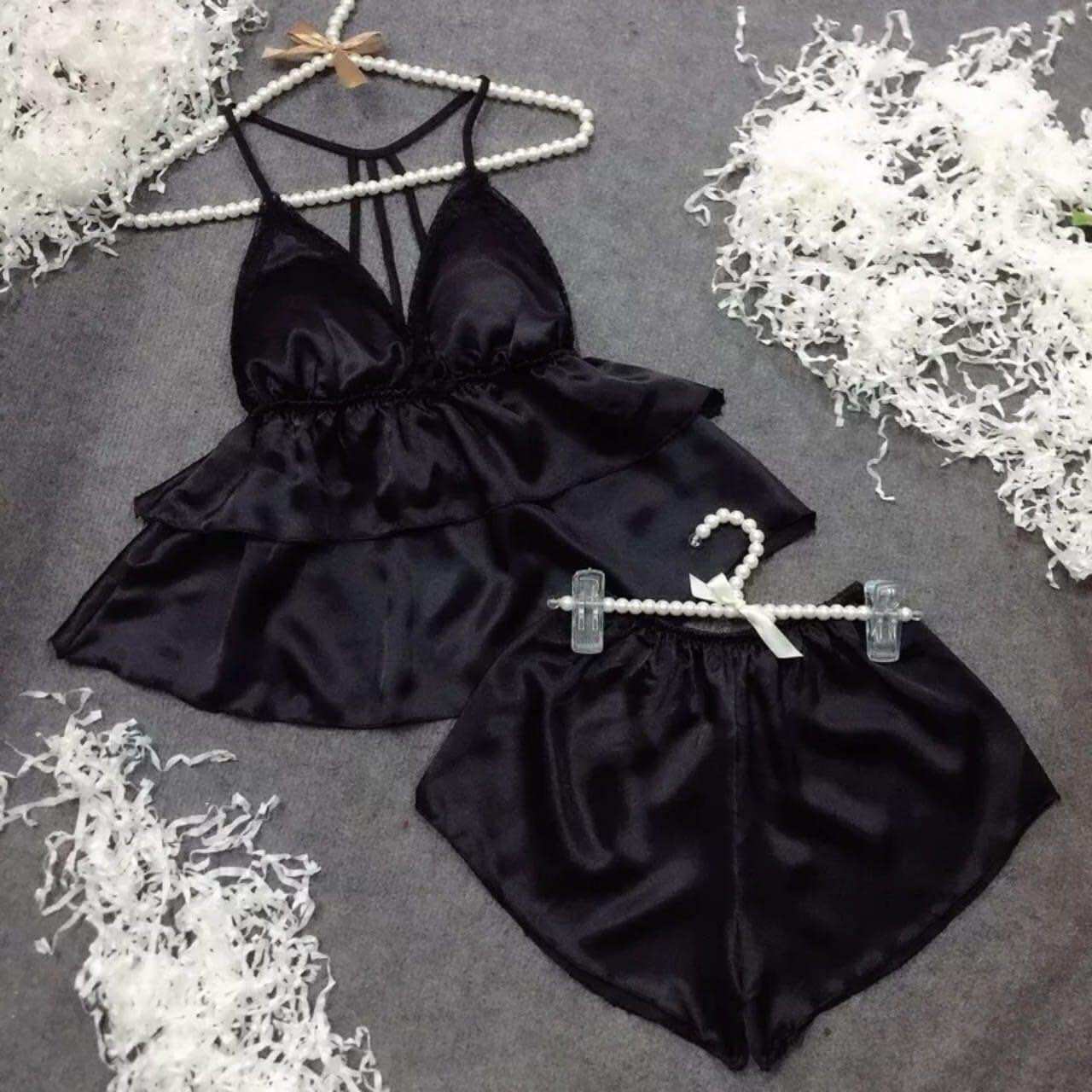 Bộ đồ ngủ nữ hai dây sexy có mút ngực, bộ đồ mặc nhà phi lụa viền ren đẹp mát giá rẻ