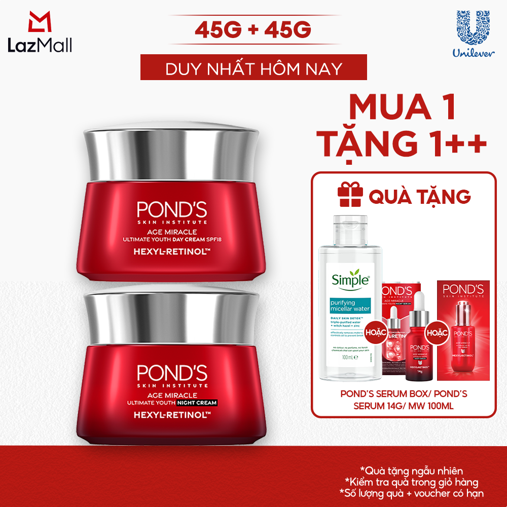 Bộ Kem dưỡng ngày đêm Pond's Age Miracle mờ đốm nâu và nếp nhăn với 50X Hexyl-Retinol 45G