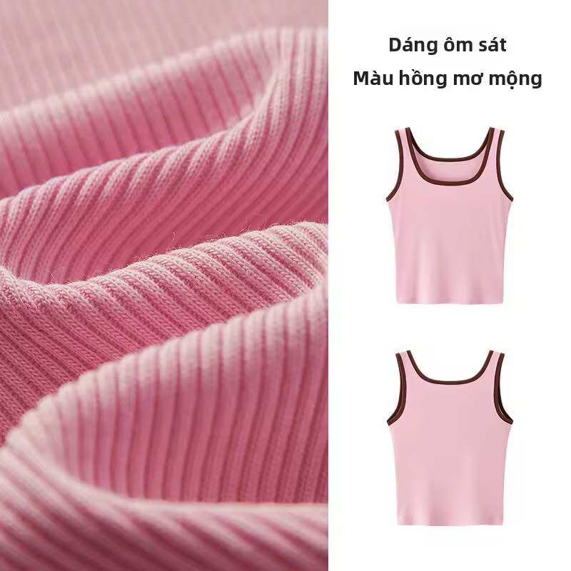 Áo ba lỗ màu hồng mờ mềm mại với viền nâu