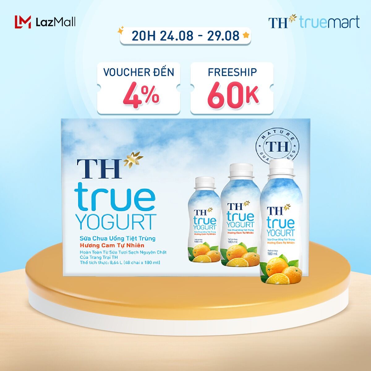 Thùng 48 chai sữa chua uống tiệt trùng TH true YOGURT hương cam tự nhiên 180 ml (180 ml x 48)