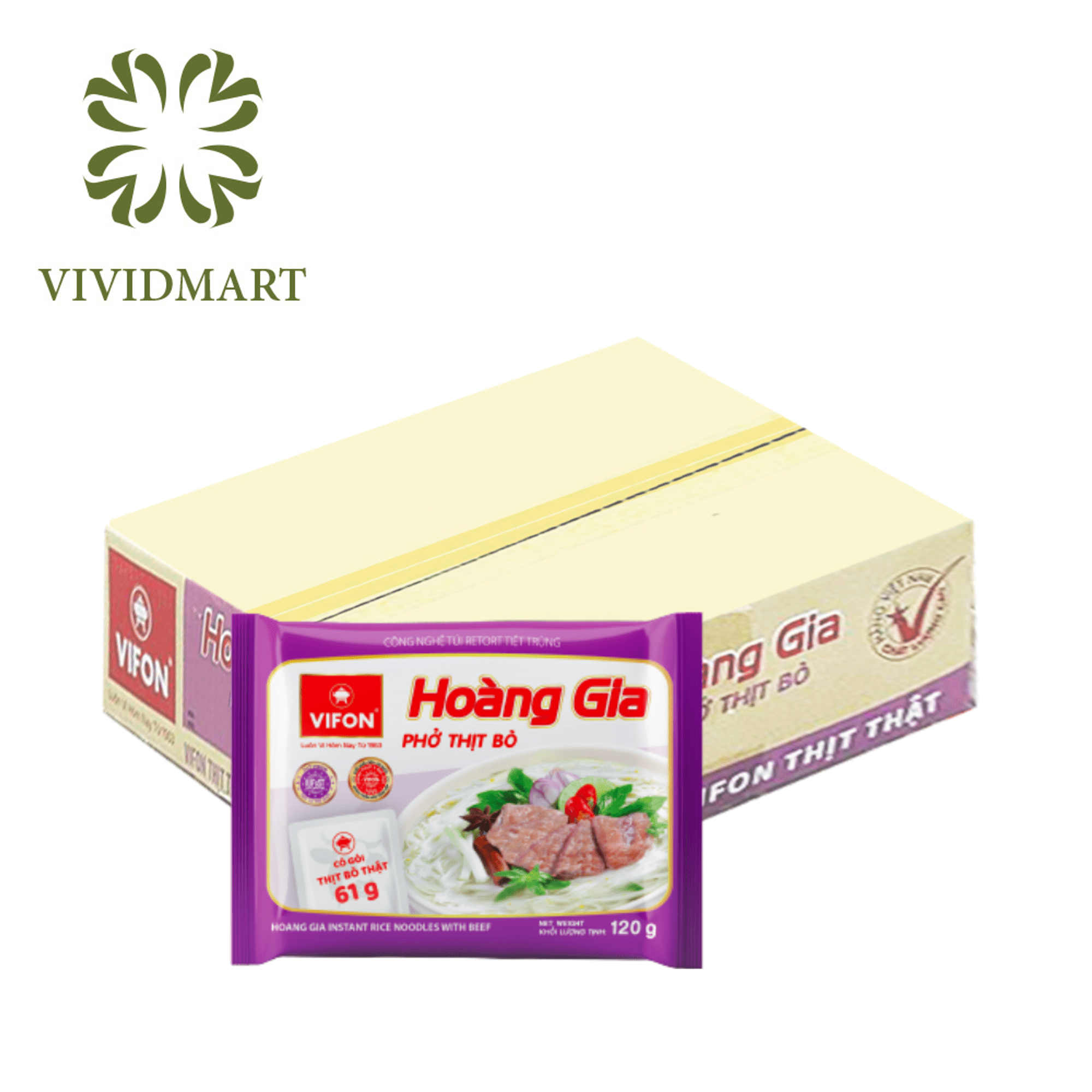 [BOX OF 18 PACKAGES] - VIFON - HOANG GIA PHO INSTANT RICE NOODLE WITH CHICKEN AND HOANG GIA PHO WITH BEEF (120G/PACKAGE)