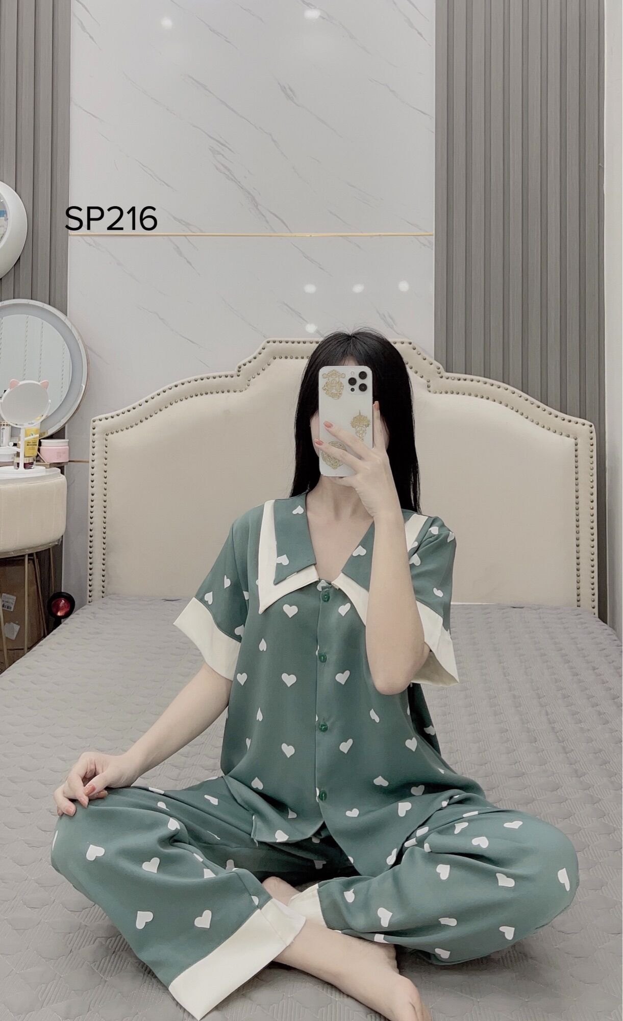 Pijama lụa Mango cao cấp tay cọc cổ nhọn