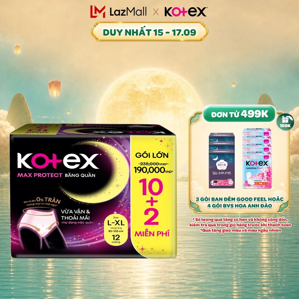 Combo 2/Combo 4/Combo 8/Băng Vệ Sinh Dạng Quần Kotex Ban Đêm Cỡ L/XL (10+2) Miếng/Gói