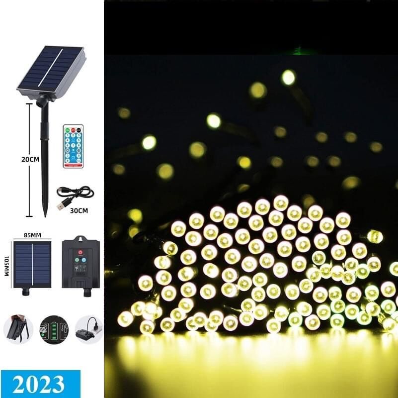 Đèn led dây năng lượng mặt trời 32m 300 led có thể sạc điện (mẫu 2023)