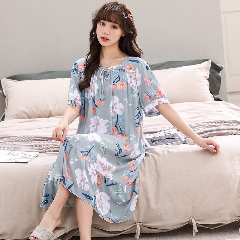 Đầm ngủ, đầm lanh lụa freesize rộng siêu mềm mát, hoạ tiết trẻ trung