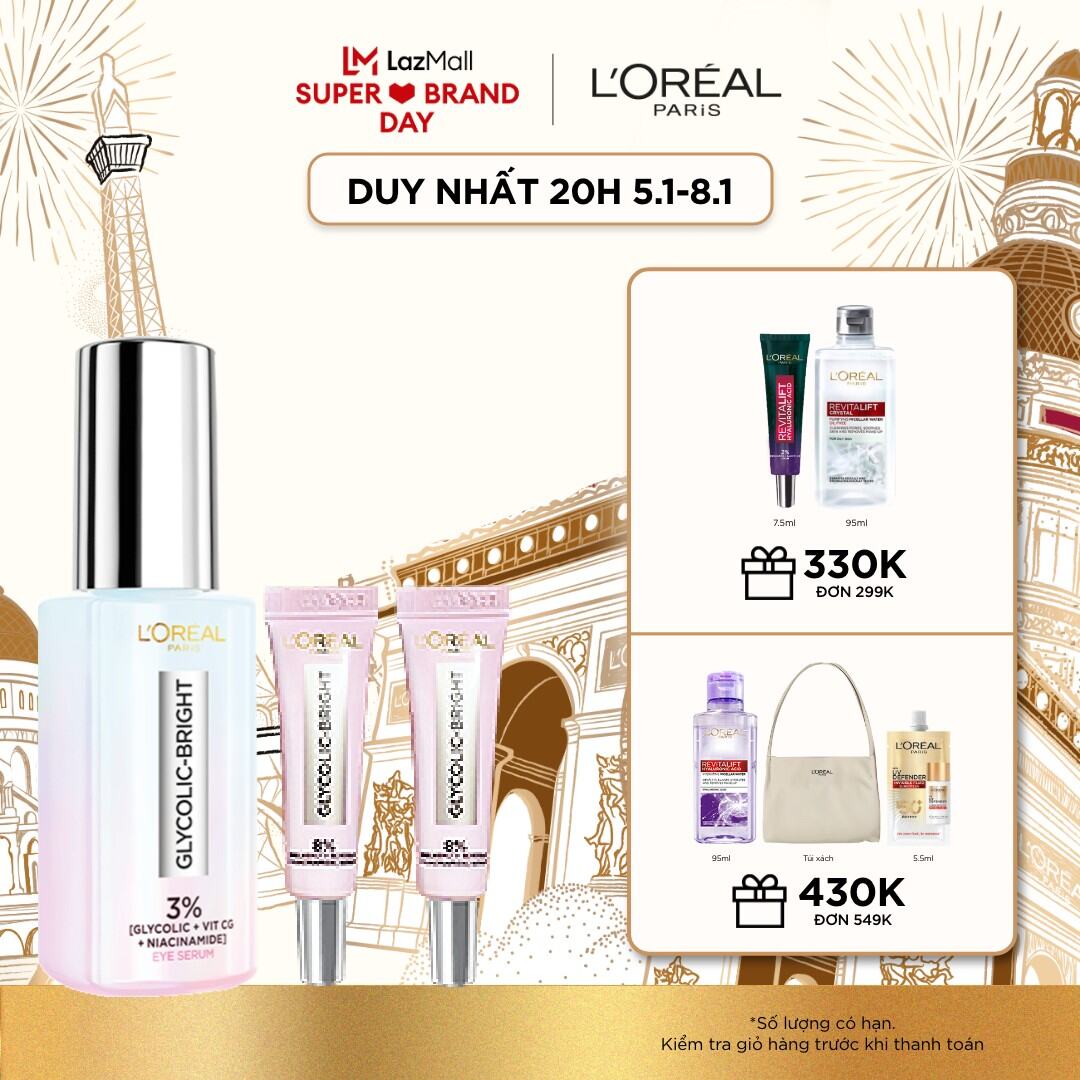 Bộ dưỡng chất chăm sóc da vùng mắt và da L'Oreal Paris Glycolic Bright Dark Circle Eye 20ml và Serum