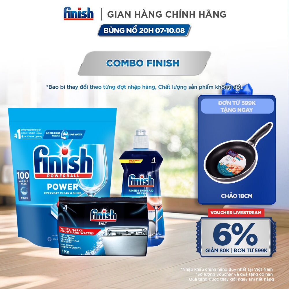 Combo Finish siêu cấp: Hộp 100 Viên Rửa Bát Finish Everyday Clean  Shine + Nước Làm Bóng Finish 500ml + Muối Rửa Chén Finish Salt