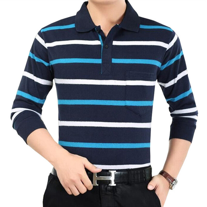 Áo Thun Dài Tay Kẻ Sọc Nam Giới Trung Niên Mùa Thu Áo Polo Cổ Bẻ Cotton Túi Thật Trang Phục Cho Bố Trung Niên Và Già Áo