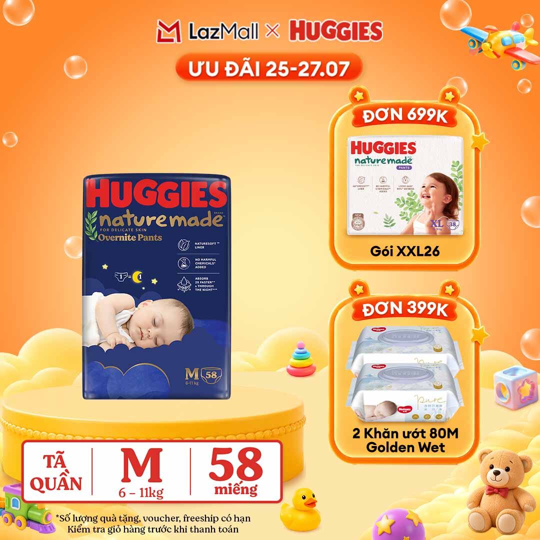 [30.7 QUÀ TẶNG ĐƠN 399K] Tã quần Huggies Naturemade ban đêm M58