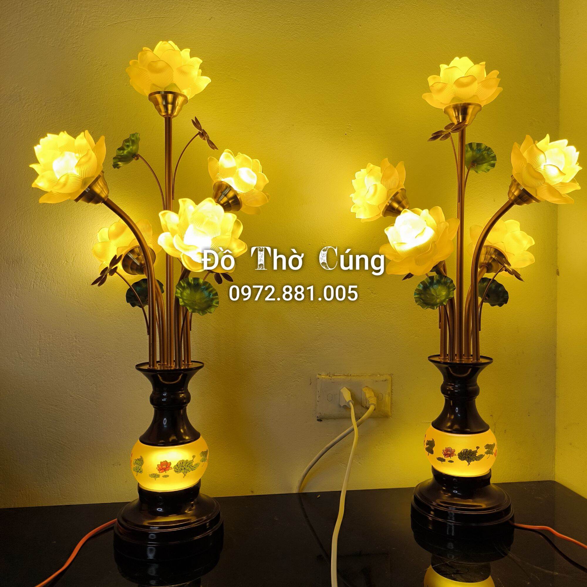 Đèn thờ điện cao cấp , đèn Chùm bông lưu ly chân đồng
