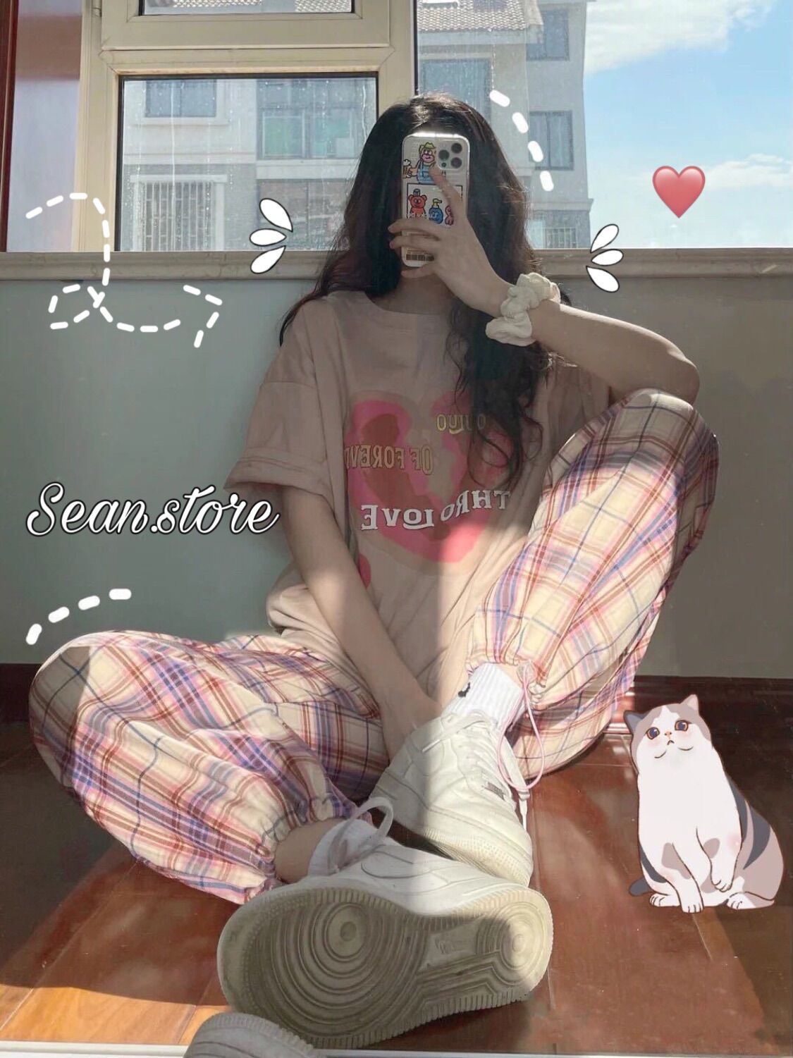 Set đồ áo cộc + quần dài màu hường xinh xắn phong cách ulzzang