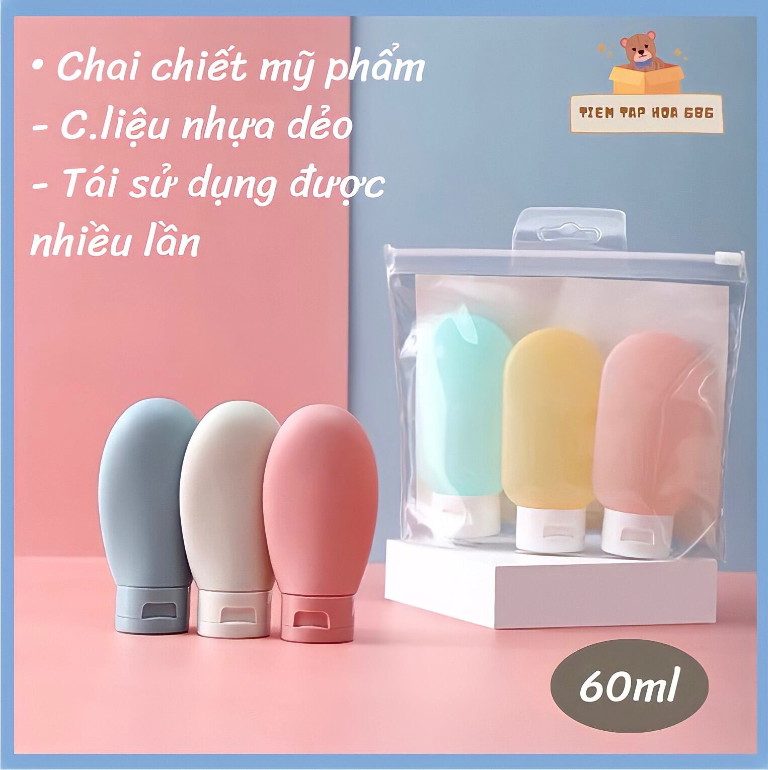 Chai chiết mỹ phẩm FREESHIP Lọ chiết dầu gội, sữa tắm silicon 60ml