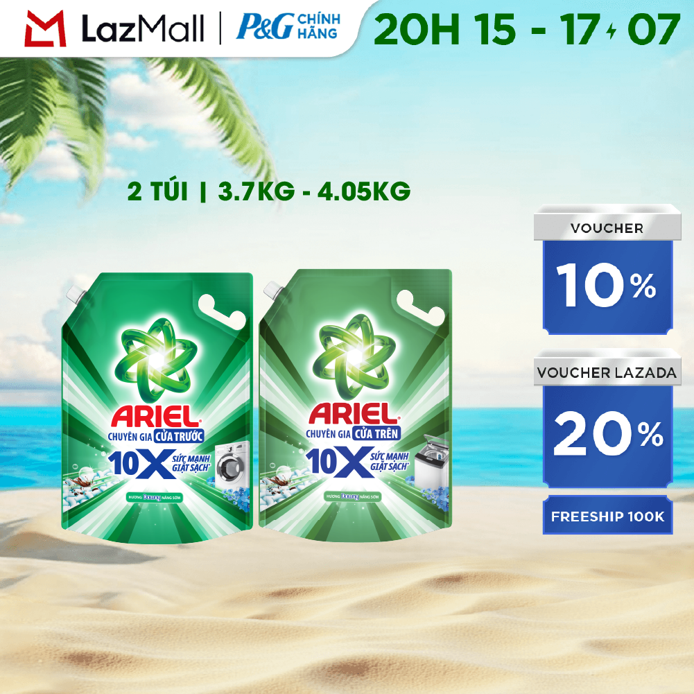 Combo 2 Nước Giặt Gel ARIEL 10X Sức Mạnh Giặt Sạch Chuyên Gia Cửa Trước-Cửa Trên Hương Downy Nắng Sớm Túi 3.7KG/ 4.05KG