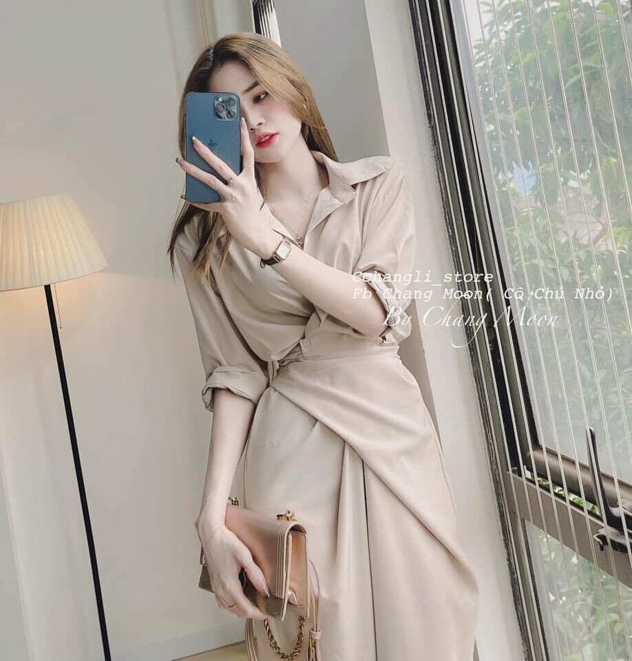 Đầm midi sơmi phối eo xoắn