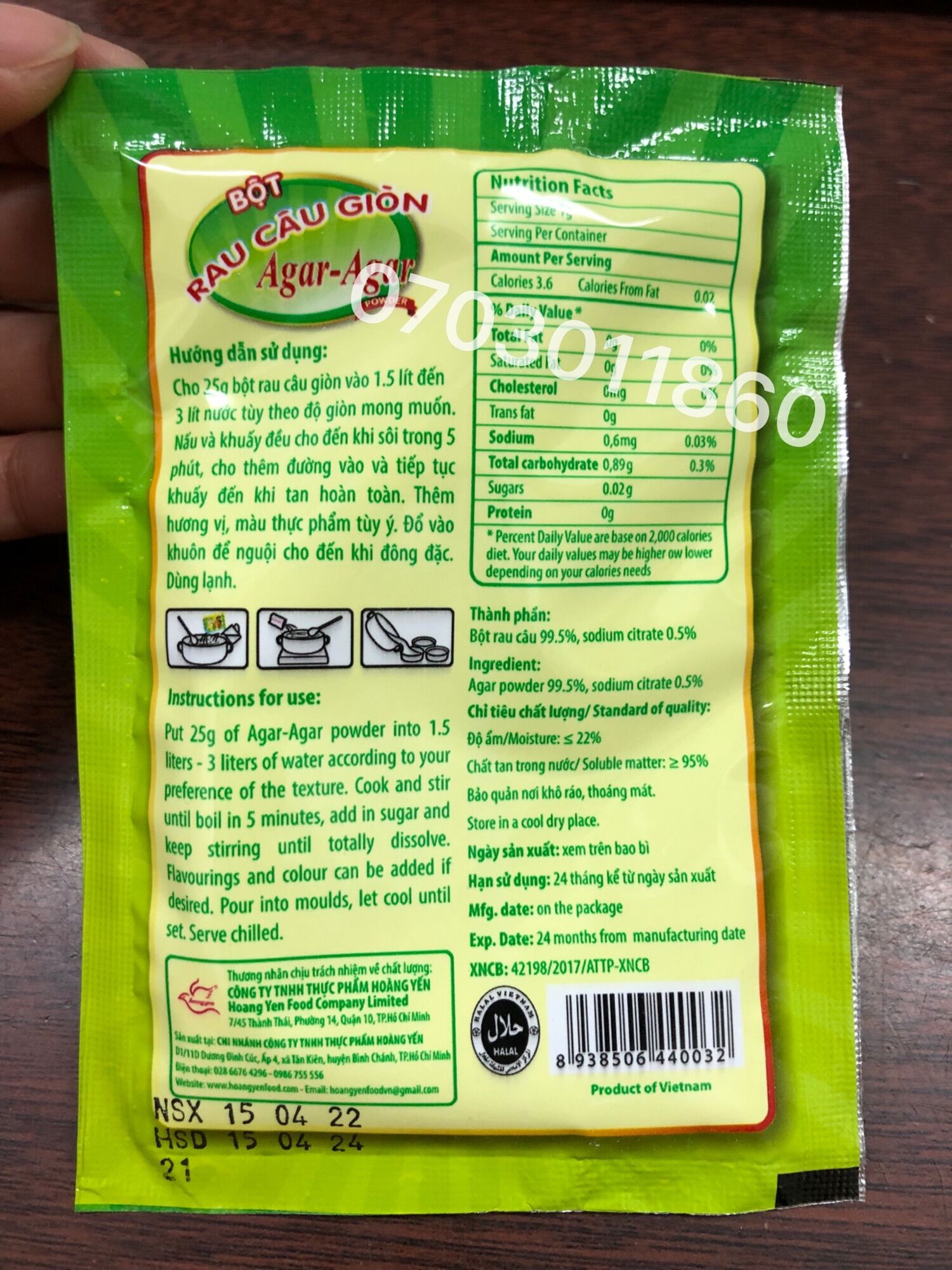 Bột rau câu giòn RoVin Agar-Agar Hoàng Yến (1 gói 25g)