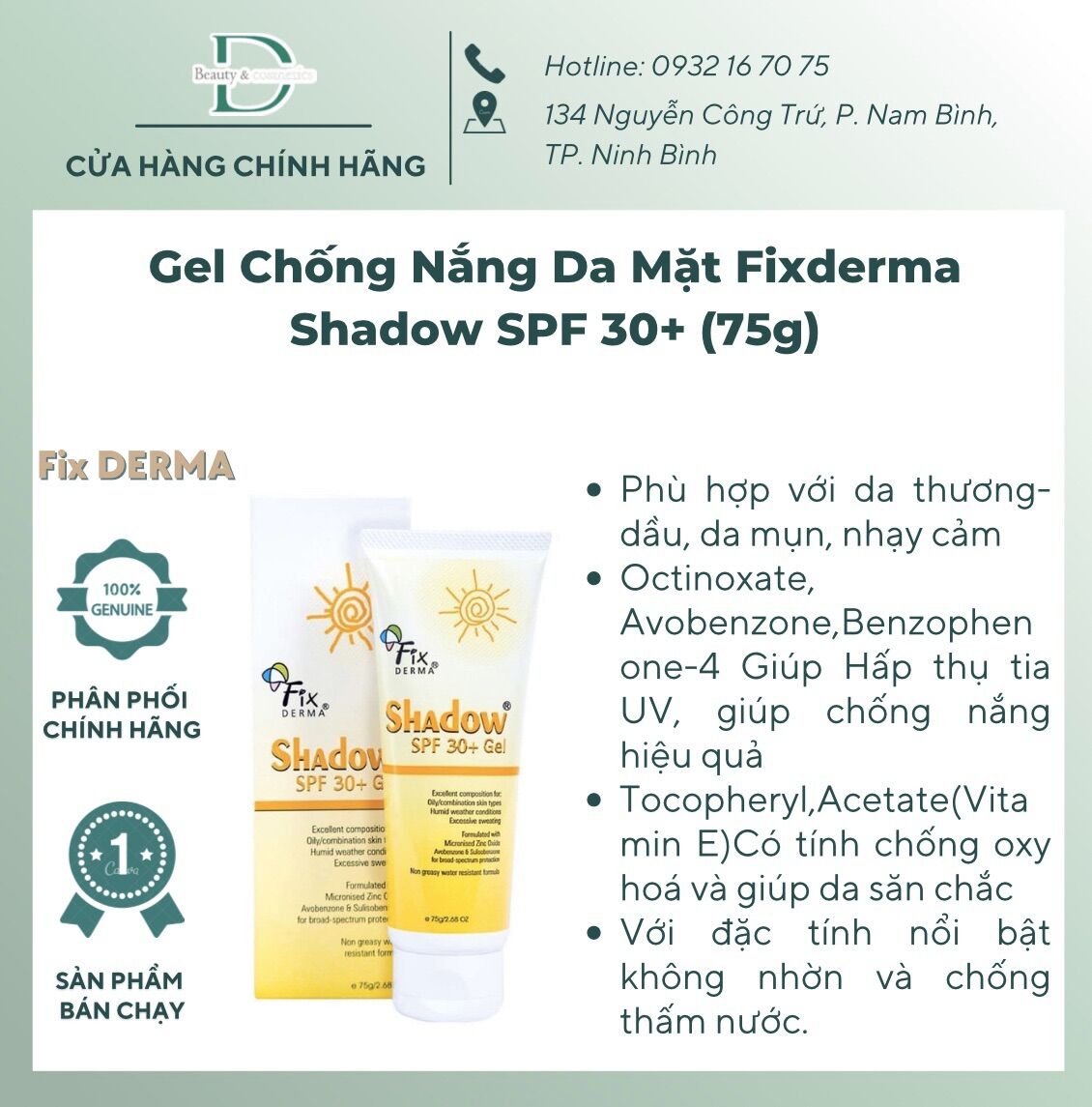 [Chính Hãng] Kem chống nắng Fixderma Shadow Gel SPF 30+, Cream SPF 50+/Gel Chống Nắng Shadow cho da mặt và toàn thân